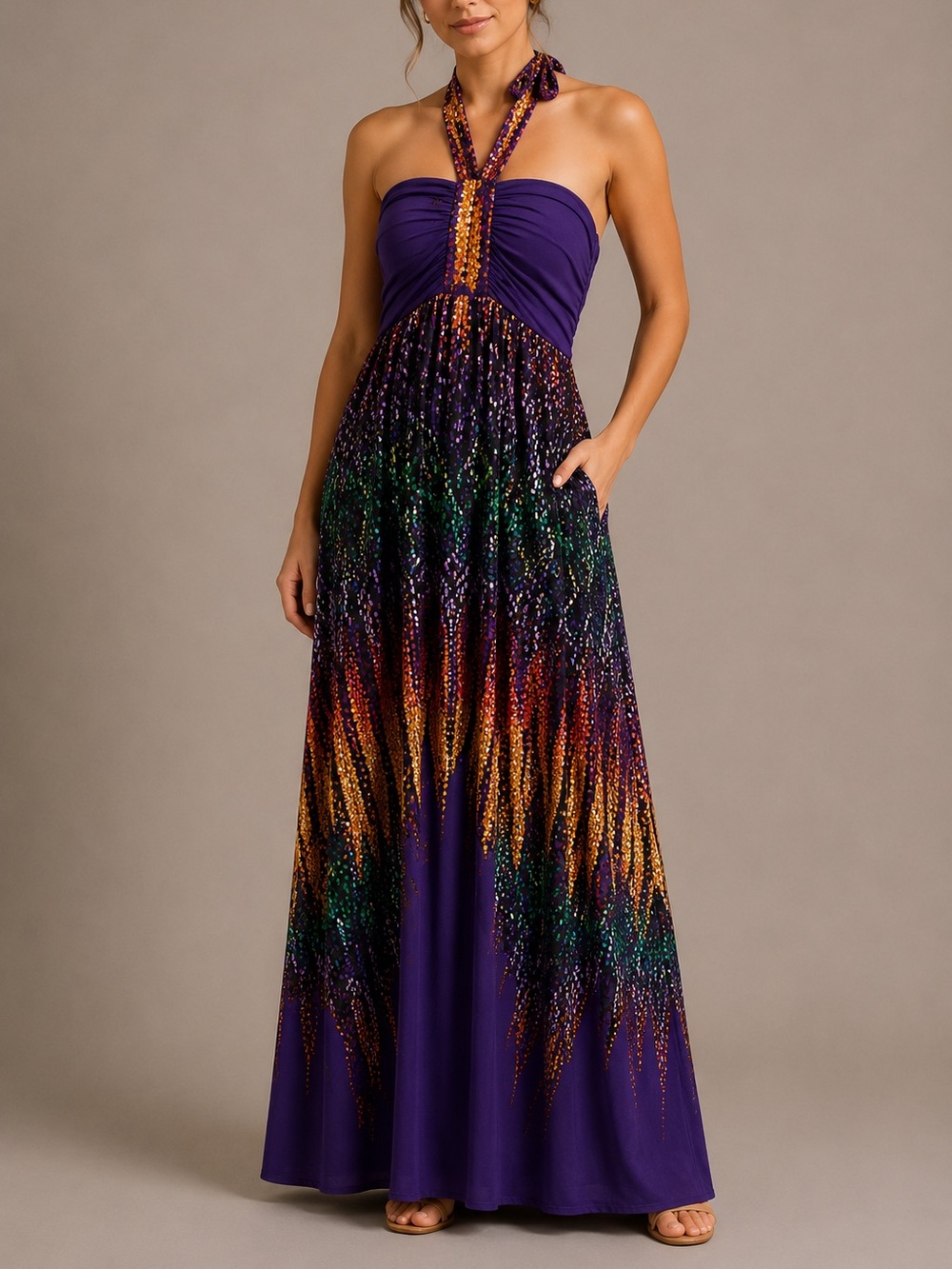 JFW Purple Halter Maxi Dress 1X Abstract Print Stretch Boho Resort